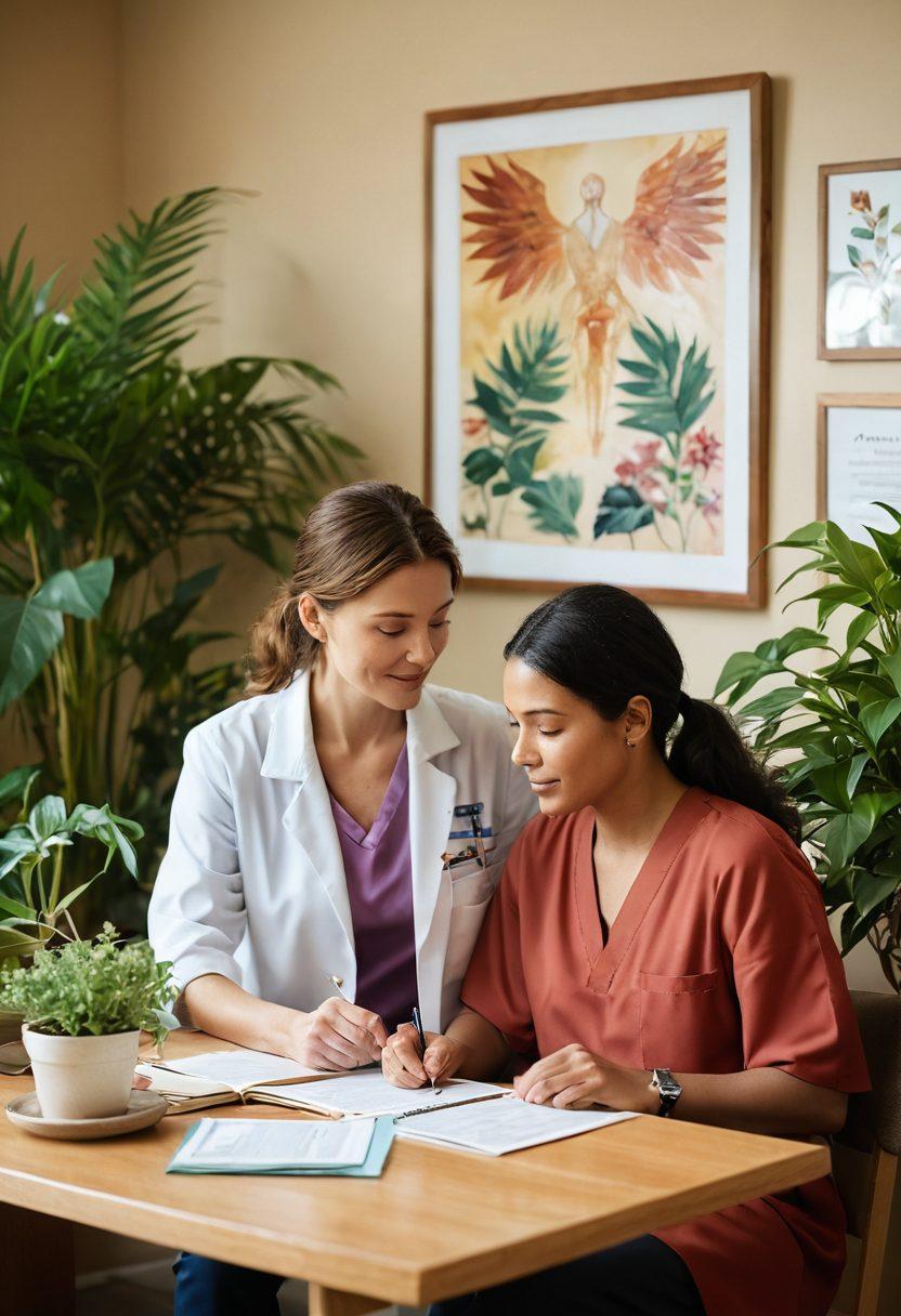 A serene consultation scene between a patient and a compassionate healthcare professional, surrounded by uplifting artwork and plants symbolizing growth and hope. Include elements like a treatment plan on the table, holistic wellness pamphlets, and soft lighting to create a calming atmosphere. Convey a sense of empowerment and support through the characters’ expressions and body language. super-realistic. warm colors. soft focus.