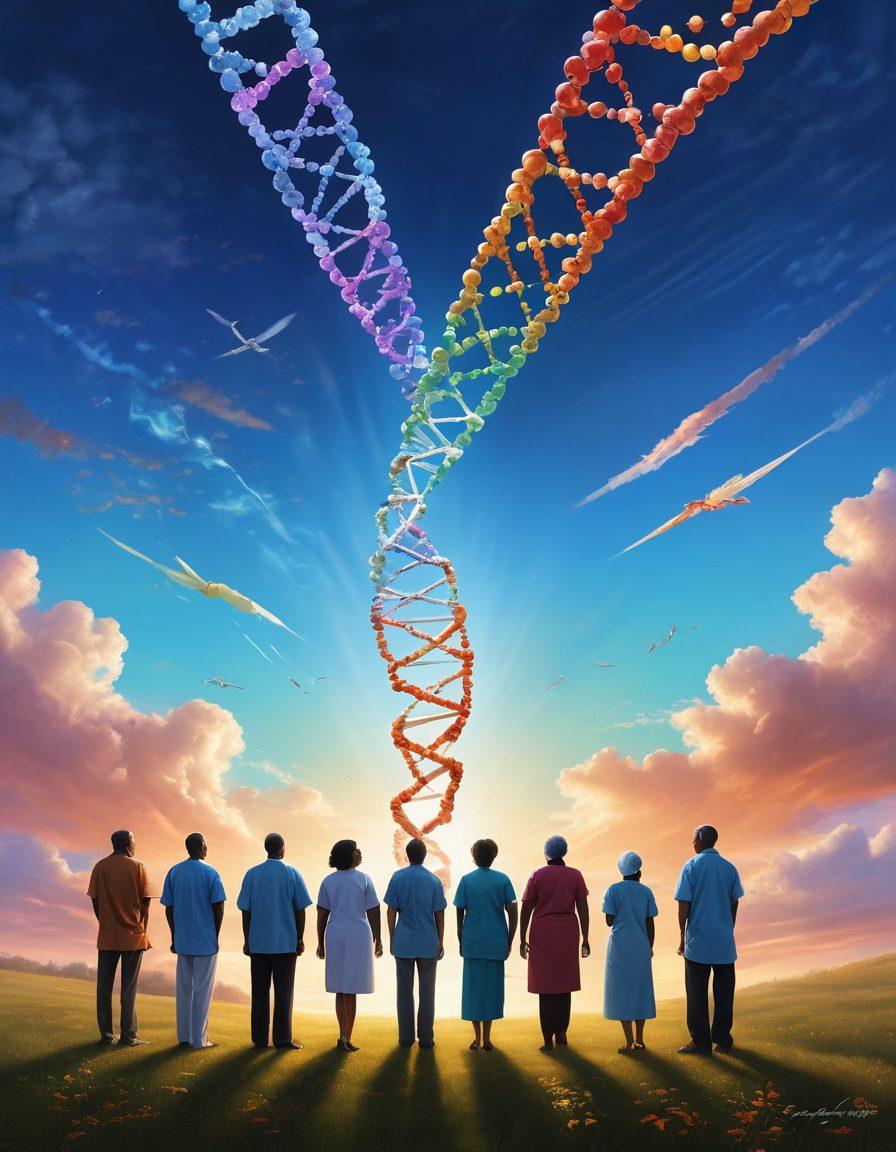A hopeful landscape depicting a diverse group of patients standing together, showing empowerment and unity. In the background, symbolic representations of innovative treatments such as DNA strands and modern medical equipment. The sky is bright and filled with light, symbolizing hope and the journey from diagnosis to survivorship. Inclusion of vibrant colors to convey positivity and strength. super-realistic. vibrant colors.