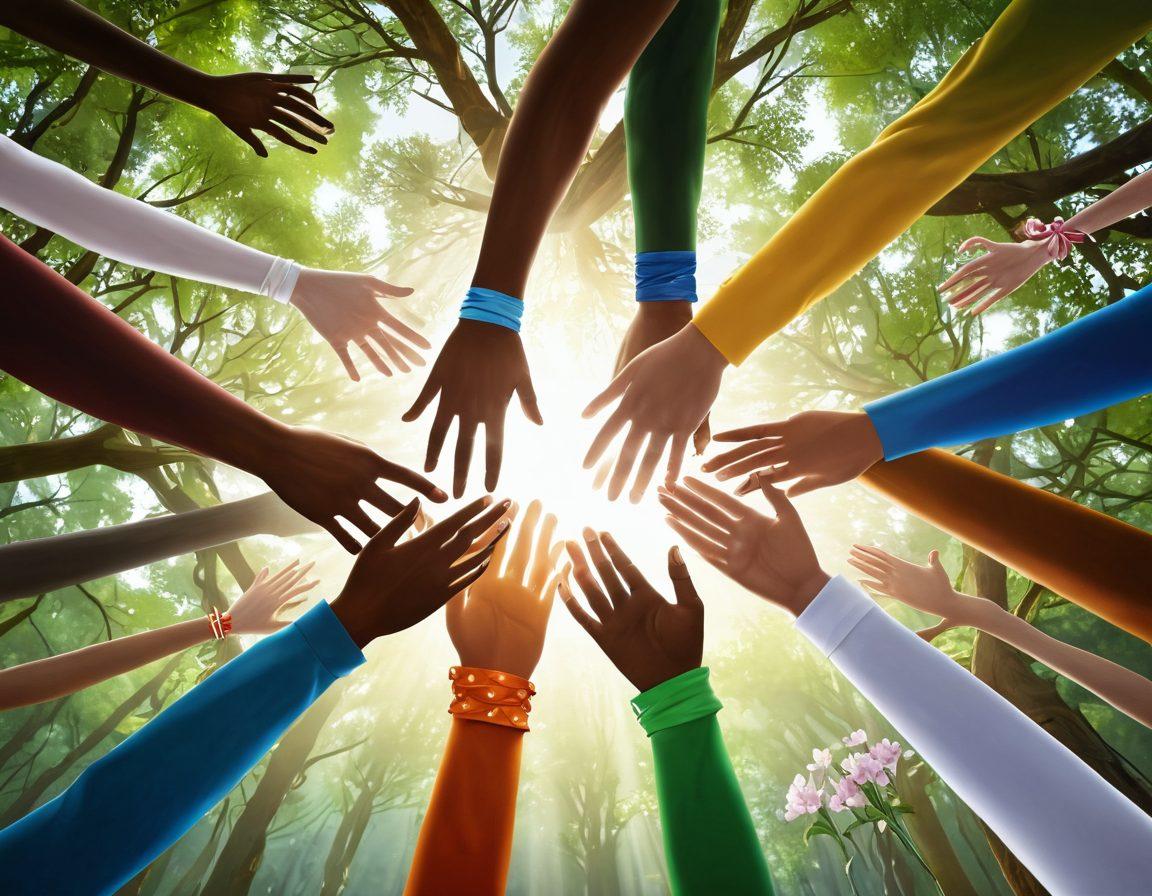 A soothing scene depicting a diverse group of individuals united in support, surrounded by symbols of hope like ribbons and flowers. Emphasize hands joined together in solidarity, with a glowing network of light connecting them. Include elements of nature such as trees and soft sunlight filtering through, representing growth and healing. Illustrate a warm, comforting atmosphere that invites connection and understanding. super-realistic. vibrant colors. natural scenery.